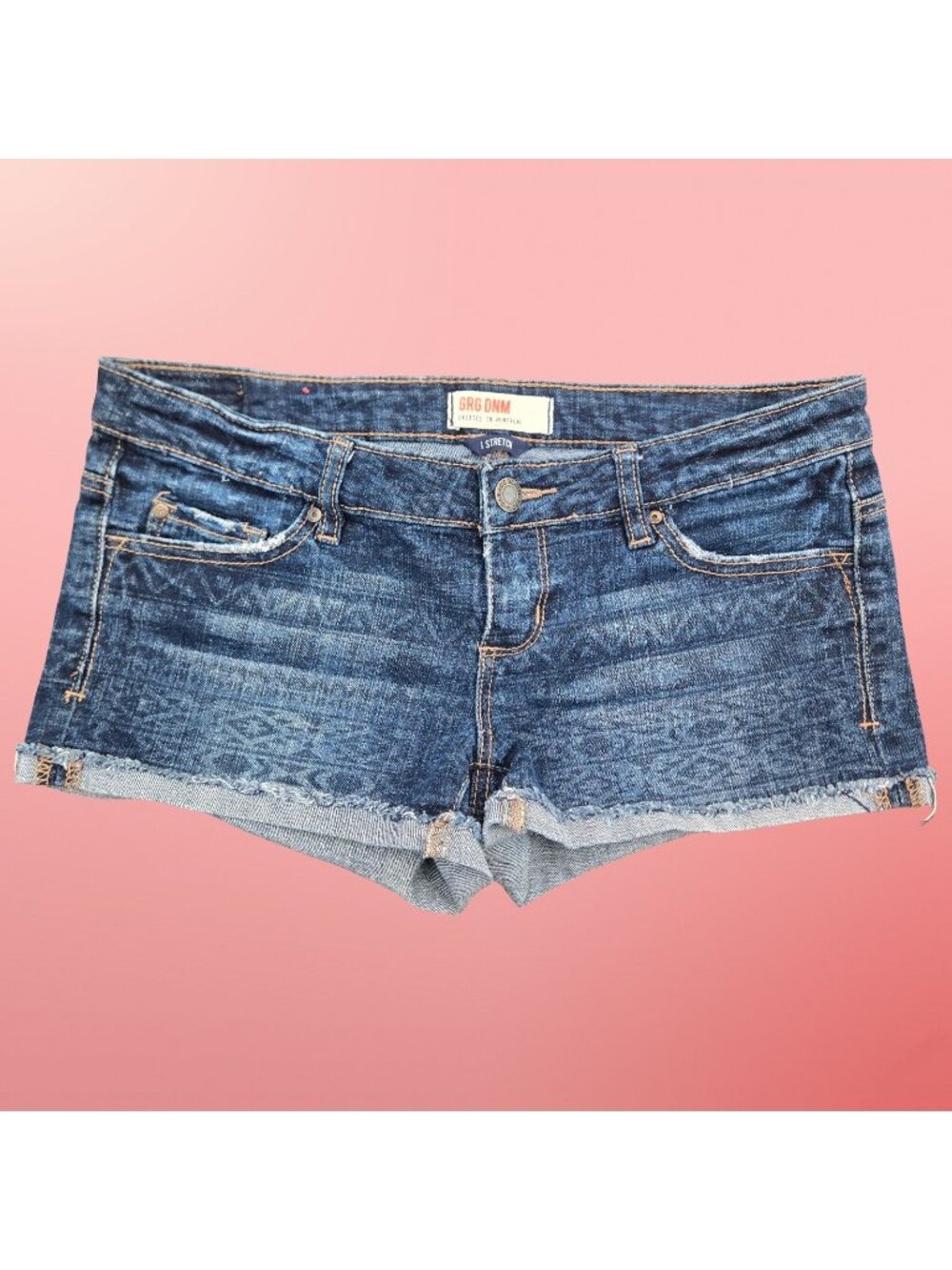 Y2K Garage Blue Denim Micro Mini Shorts Size 5 Aztec Pattern Boho Hippie